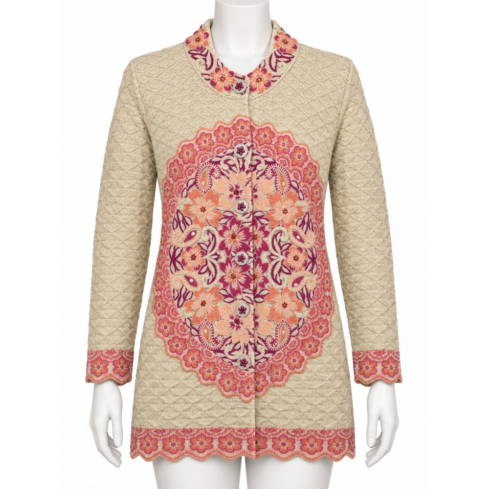 Teacher Women Cream Floral Embroidered Longline Cardigan Sweater Pink Boho